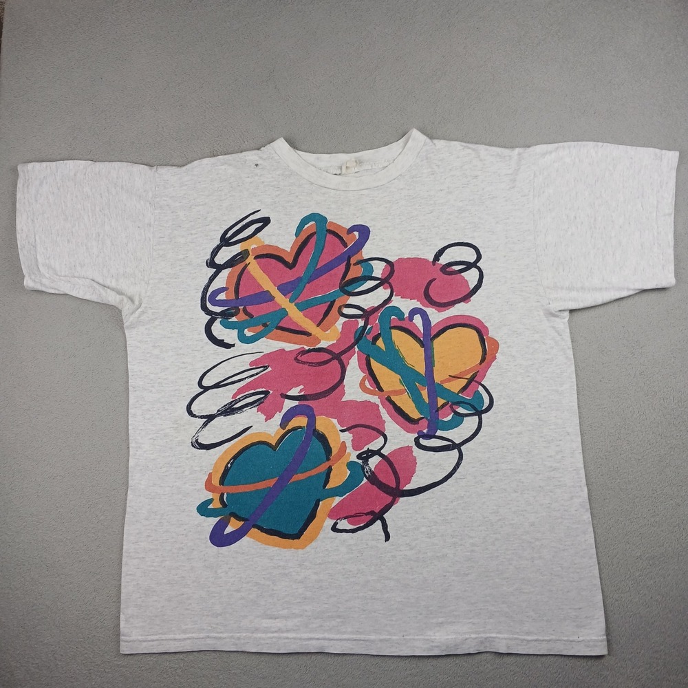 Vintage Heart Graphic T-Shirt Women XL Grey Abstract 80s Retro Short Sleeve Tee